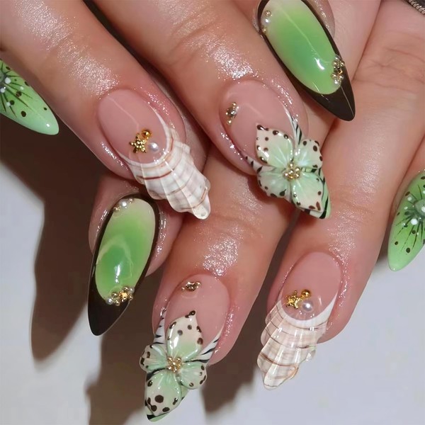 24Pcs White Flower Nails Handmade Press on Nails Medium Almond