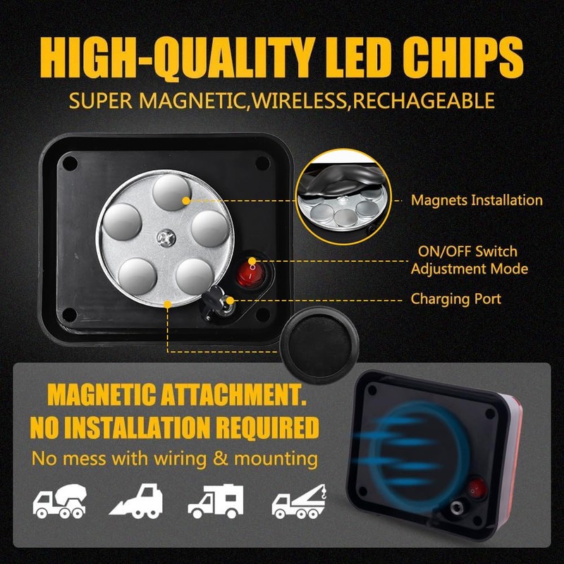 Nrgedzam 2PCS Magnetic Trailer Lights, Red Beacon Wireless Trailer Rechargeable
