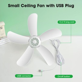 Roodike 17" Portable USB Ceiling Fan for Camping Tent Outdoor Gazebo RV, 13.2 Ft Long Cord with on/off Button