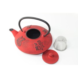 Japanese Antique 24 fl oz Red Fu Lu Shou Xi Chinese Cast Iron Teapot Tetsubin with Infuser F15354 ~ We Pay Your Sales Tax