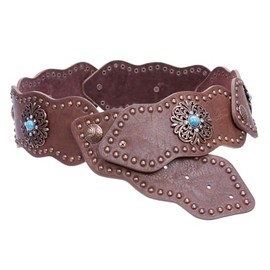 Women's 3" (75mm) Wide Boho Link Turquoise Silver Studded Leather Belt, Brown | s/m 31"~34"