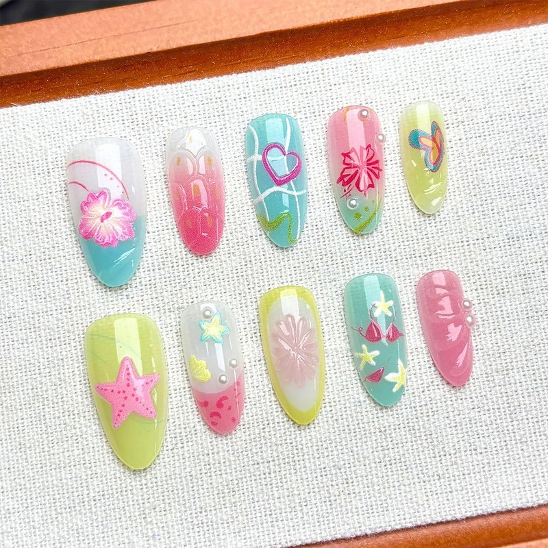 30Pcs Summer Starfish Press on Nails Medium Almond Fake Nails