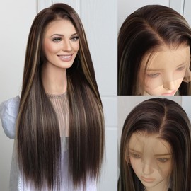 K'ryssma Highlight Blonde Reddish Brown 13x6 Lace Front Wig Pre Plucked Glueless Long Bone Straight Synthetic Lace Front Wigs for Women with 6 Inch Deep Part Mixed Brown 13x6 Wig 24 Inches