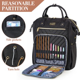 Knitting Bag Backpack, Yarn Organizer with USB Charging Port, Quilted Backpack for Women, Mothers Day Gifts Large Travel Crochet Bag Totes for Crochet Hooks, Knitting Needles, Yarn Supplies, Black