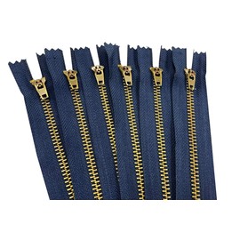 AMORNPHAN 6 pcs 6 Inch Metal Zippers Closed End #5 Navy Blue Tape Antique Brass Teeth Spring Lock Slider Heavy Duty for Jeans Denim Pockets Clothes Crafts Sewing (6")
