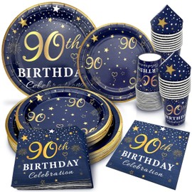 algpty 90th Birthday Decorations Plates and Napkins Blue and Gold, Service for 30, 90th Birthday Party Bundle Includes Navy Blue Plates, Napkins, Cups 90th Birthday Supplies for Men Women