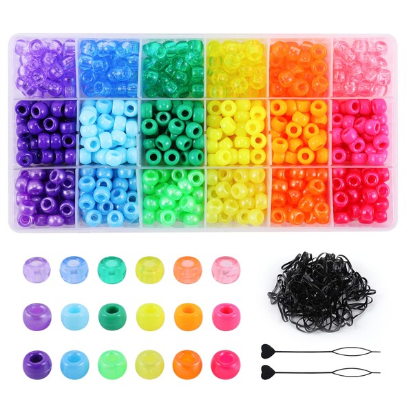 18 Color 9 mm Hair Beads for Hair Braids, Rainbow Pony Beads Kit for Jewelry/Bracelets Making, Kandi Beads Hair Beader and Rubber Band for School Gift