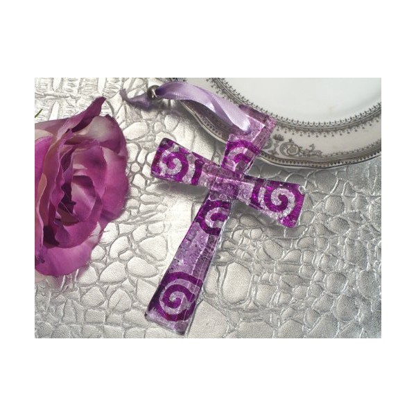 Murano Style Cross Collection Lilac and Silver Swirl Design
