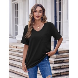 HOTOUCH Basic Tees for Women Oversized T Shirts V Neck Tees Short Sleeve Blouse Cozy Comfy Tunic 2025 Black XL