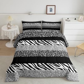 Leopard Print Comforter Set Twin Size,Rustic Cheetah Zebra Skin Texture Patchwork Bedding Set,Girls Women Room Decor,Glitter Sequins Romantic Down Comforter,Silver Chic Duvet Insert,1 Pillowcase