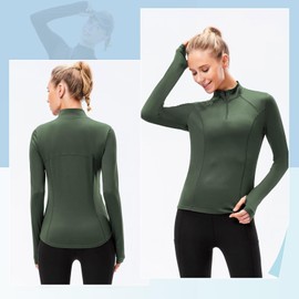 TERODACO Women's Athletic Pullover Jacket Quarter Zip Long Sleeve Golf Shirts Thumb Holes Lightweight Sweatshirts Tennis Running Workout Base Layer Tops 12521 Green L