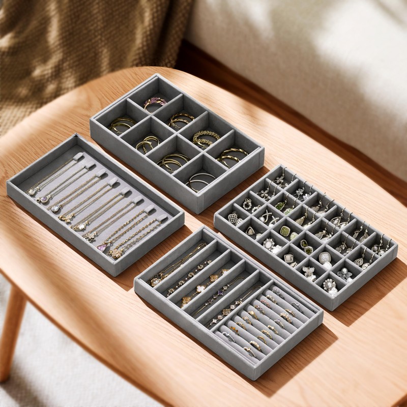 Velvet Jewelry Drawer Organizer Trays – Grey Stackable Jewelry Storage