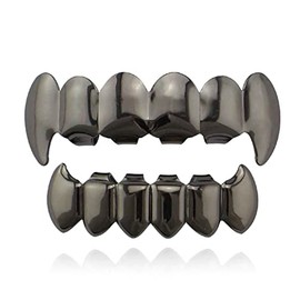 Psivika Gold Plated Shiny Hip Hop Teeth Grillz Caps Iced Out CZ Top and Bottom Vampire Fangs Grillz for Men and Women (Gun Black)