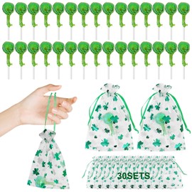 KWOLYKIM 16 Ounces Lollipops St Patricks Day 30 Green Lollipops & 30 Mesh Shamrock Pattern Bundle Pocket - Party Edibles, Individually Wrapped, Green Apple Flavor Party Favors