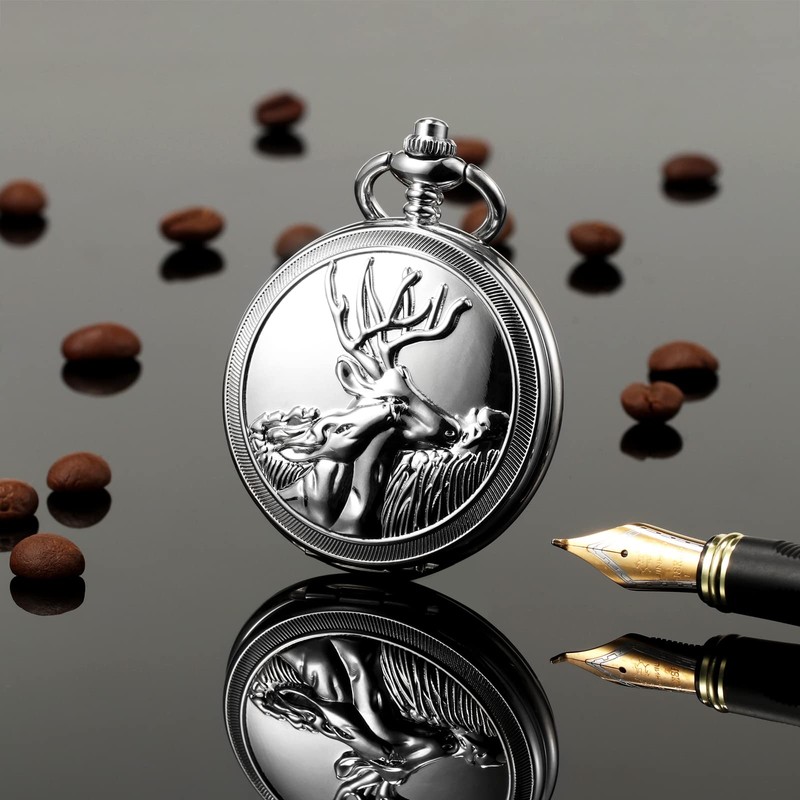 TREEWETO Men's Deer Reindeer Silver Full Hunter Case Pocket Watch