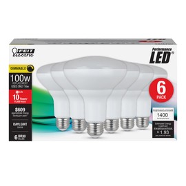 Feit Electric BR30 LED Light Bulbs, 100W Equivalent, Dimmable, E26 Standard Base, 80 CRI, 1400 Lumens, 5000K Daylight, 120V, 10 Years Lifetime, Damp Rated, 6 Pack, 100BR30DM85010KLED/6