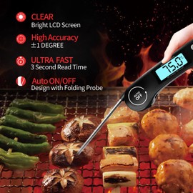 DOQAUS Meat Thermometers, 2 Pack Instant Read Food Thermometer, Digital Cooking Thermometer, Backlight LCD Screen, Foldable Long Probe & Auto On/Off, for Kitchen Cooking, BBQ, Water, Meat, Milk(Black)