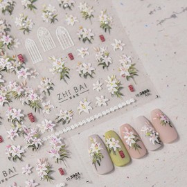 Flower Nail Art Sticker Decals 5D Embossed White Flower Pearl Nail Design Retro Gel Nail Sticker for Nail Art Kit Flower Nail Decor Self Adhesive Nail Art Supplies