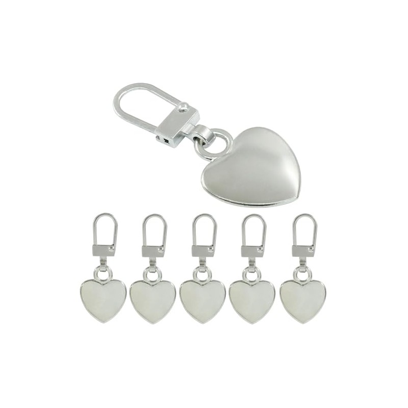Hitefu 5 Pack Silver Heart Shaped Zipper, Metal Zipper Pull