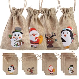 LOKIPA 12 Christmas Jute Burlap Gift Bags Pouches with Drawstring Small Candy Bags for Xmas Favors