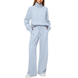Casly Lamiit Women Two Piece Set 2025 Fall Winter Outfits Oversized Half Zip Sweatshirt Wide Leg Sweatpant Lounge Matching Set Athletic Fashion Travel Clothes Set Sweatsuit Light Blue M