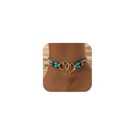 Heart Ankle Bracelet for Women Boho Elastic Beaded Anklet Double Layered Ankle Bracelet Turquoise Beaded Anklet Dainty Beach Jewelry for Women (Colour Gold Style)