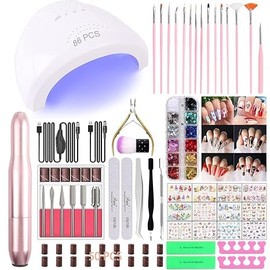 Professional Nail Art Kit with UV LED Lamp, 86 Pieces, Pink and White
