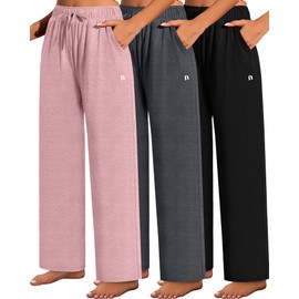 Neer 3 Pack Women's Wide Leg Pants High Waist Sweatpants Yoga Palazzo Drawstring Lounge Pajamas Jogger Pants with Pockets (Black,pink,dark Grey,Small)