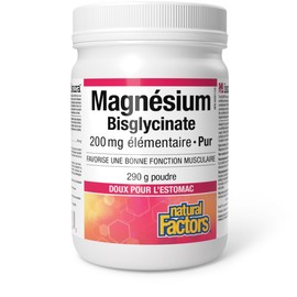 Natural Factors Magnesium Bisglycinate 200 mg of Pure Elemental Magnesium Powder, Maintains Proper Muscle Function, Easy on the Stomach, 290g = 100 Day Supply