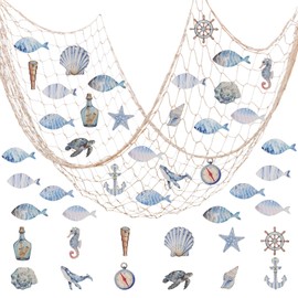 Vhxmaizxn 23 Pcs Nautical Nature Fish Net Wall Decoration Fishing Fishnet Wooden Decor Starfish Shell Sea Fish Anchor Hangings Decorative Pirate Mediterranean Wedding Wood Blue