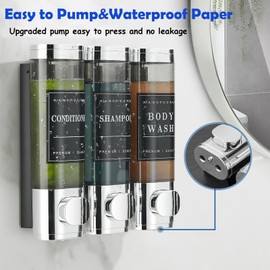 Soap Dispenser Wall Mounting, No Drilling, 3 Chamber Shower Gel Dispenser, Conditioner and Shampoo Dispenser for Bathroom with Waterproof Labels (Chrome)