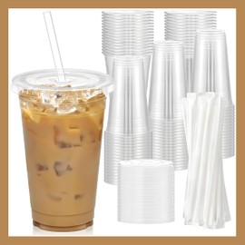 Pokanic Plastic Clear Cups 20 oz with Lids and Straws 25 Set Disposable Cold Beverage Drinking Iced Coffee Water Juice Tea Party Travel Cafe Restaurant School Office Home Kitchen (25 Set, 20 oz)