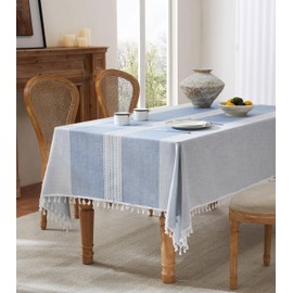 ZeeMart Contrast Linen Table Cloth Rectangle Table Cloths 60x120 Inch Mid-Stripe Blue, Farmhouse Style Heavy Weight Dusty Blue Tablecloth, Water Resistant Burlap Tablecloths
