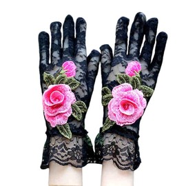 Women's Lace Short Mitten Gloves with Embroidered Flowers - for Brides, Weddings, Cocktail Parties, Tea Parties, Opera, Evenings, Dances & Elegant Short Courtesy Gloves. (Black with Pink Flowers)