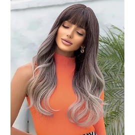 Ombre Blonde Synthetic Wig with Bangs - Long Natural Wavy Hair for Women | Daily & Cosplay Use