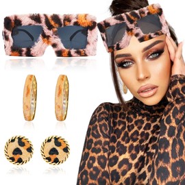 LaVenty Leopard Fuzzy Sunglasses Fur Top Crazy Sunglasses For Women Man Velvet Eyewear Sunglasses Furry Earrings Heart Ears Cuff