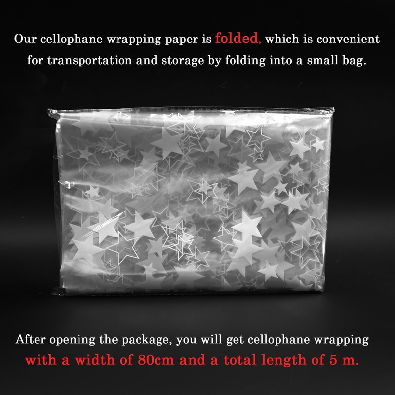 ADQUATOR 5m×80cm White Star Hamper Wrapping Cellophane Paper Sheets,100% Recyclable