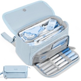 Sooez Super Large Pencil Case, Big Capacity Pencil Bag with 3 Compartments, can hold 100 pencils,Cute Pencil Pouch with Zipper,Portable Stationery Pen Bag,Aesthetic School Supplies For Girls,Haze Blue