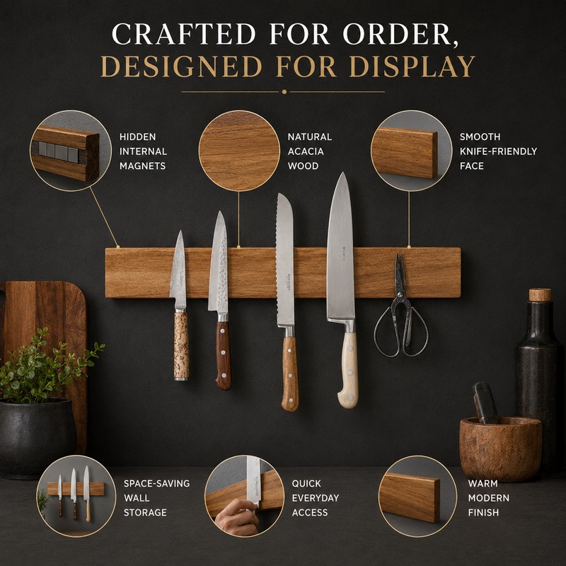 16 Inch Acacia Wood Magnetic Knife Holder for Wall, Strong