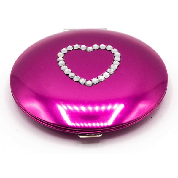 Deep Pink With White Rhinestone Heart Folding Compact Pocket Makeup Mirror Double Sided (5x magnification + 1x magnification)