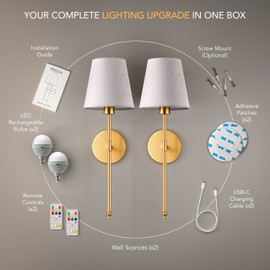 PRIDOLA Set of 2 Wireless Wall Sconces Peel & Stick with Adhesives for Easy Installation, Rechargeable LED Bulbs, Remote Controlled, Adjustable Brightness, The Original Wireless Wall Lamps (Silver)