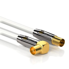 deleyCON TV Antenna Cable 7.5m (24.61 ft.) Coaxial Cable Gold-plated connector 1x 90° angle 1x straight Metal Connector UltraHD FullHD HDTV - White