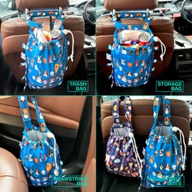 FLOCK THREE Leak-Proof Waterproof Car Trash Bag Foldable Multipurpose Trash bin Container Storage Cute Grocery Organizer Bag for Automotive Front or Back Seat in Cars SUVs and Trucks (Dog Family)