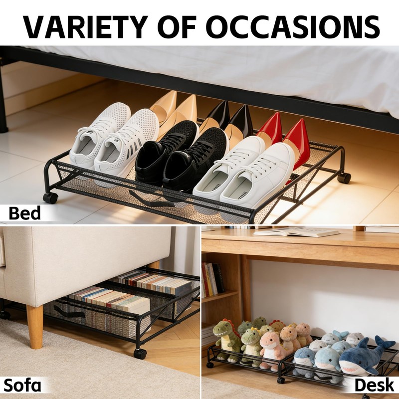 AIHSUMC Under Bed Shoe Storage Organizer, 2-Pack Metal Mesh Storage