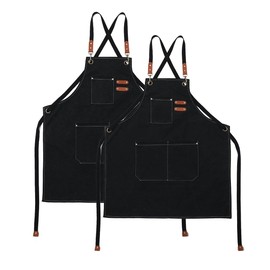 Kitchen Apron Canvas 2 Pack Work Apron with 3 Pockets Adjustable Strap BBQ Apron Waterproof Professional for Men Women Hairdresser Kitchen Gardener, black