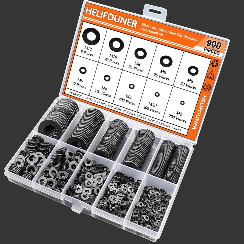 900 Pieces Black Zinc, HELIFOUNER Flat Washers Assorted Kit, Flat