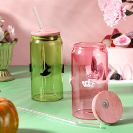 Honeydak 2 Pcs Witch Princess Icon Drinking Glasses - 16 oz Pink and Green Icon Glass Cups with Bamboo Lid & Straw Crown Witch Hat Glass Drinking Jar for Witch Princess Birthday Party Gift