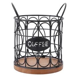 Coffee Pod Holder, Black Metal K Cup Storage Basket with Wooden Base, Large Capacity Decorative Round Wire Coffee Capsule Organizer for Kitchen Office Countertop (Black)