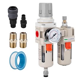 PUDUSI 3/8" NPT Compressed Air Filter Regulator Lubricactor Combo, Air Compressor Water Separator, 0-150 psi Gauge, 5 Micron Brass Element