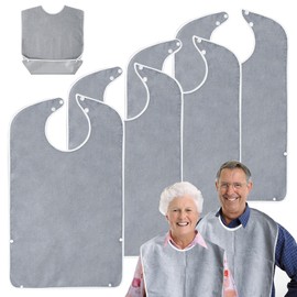 Pack of 4 Adult Bibs, Bibs for Seniors, Reusable, Washable, Adjustable, Waterproof Bibs, Adult Bibs with Crumb Catcher, Unisex Clothing Protection for Older Men, Women, 4 x grey.